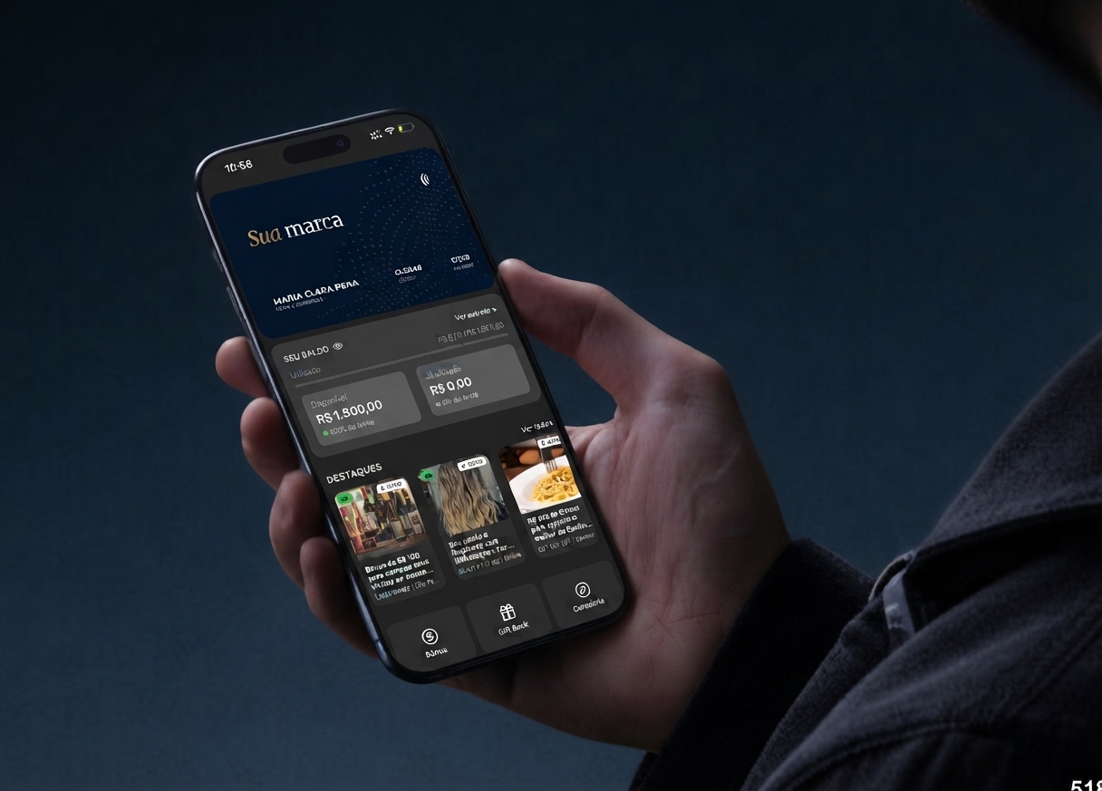 Mão segurando smartphone exibindo o aplicativo Club'n com saldo, benefícios e destaques personalizados