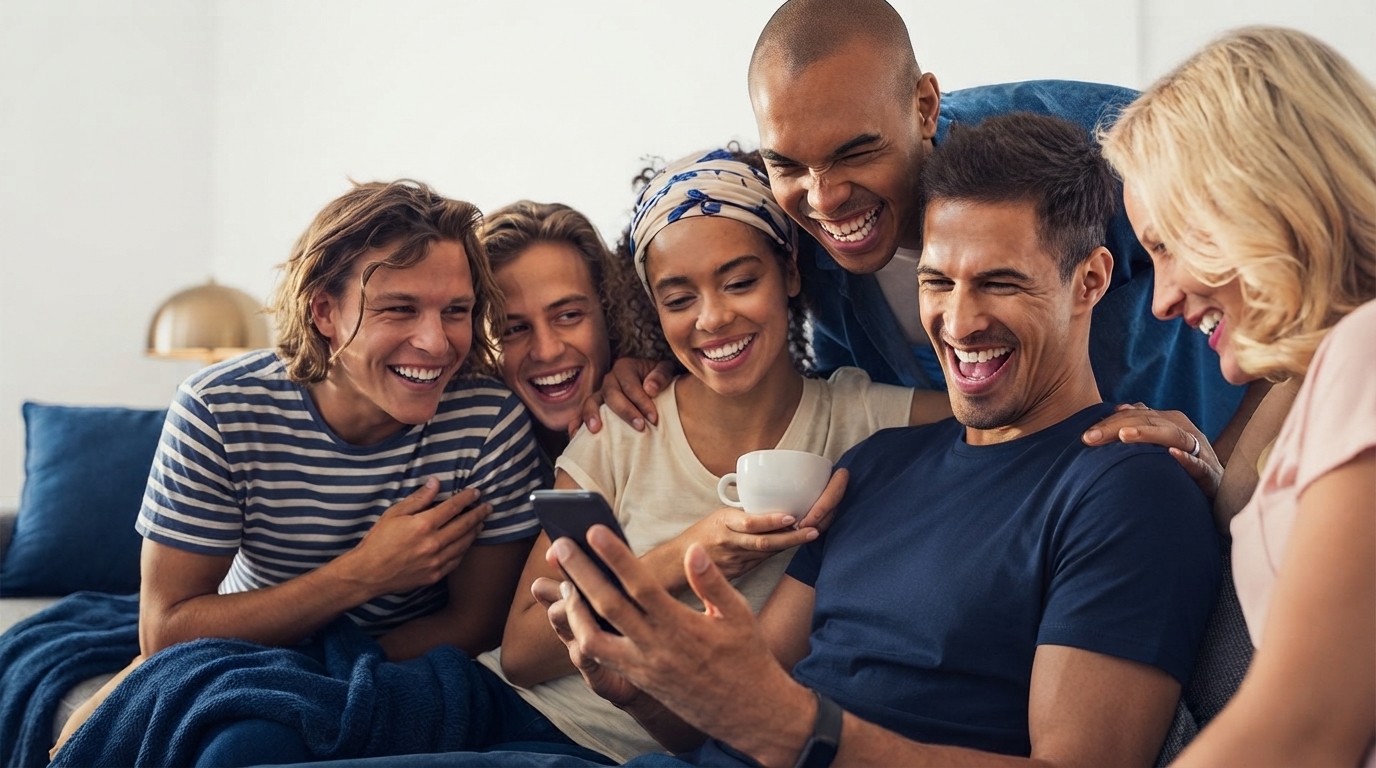 Grupo de amigos sorrindo enquanto compartilha o aplicativo Club'n em um smartphone