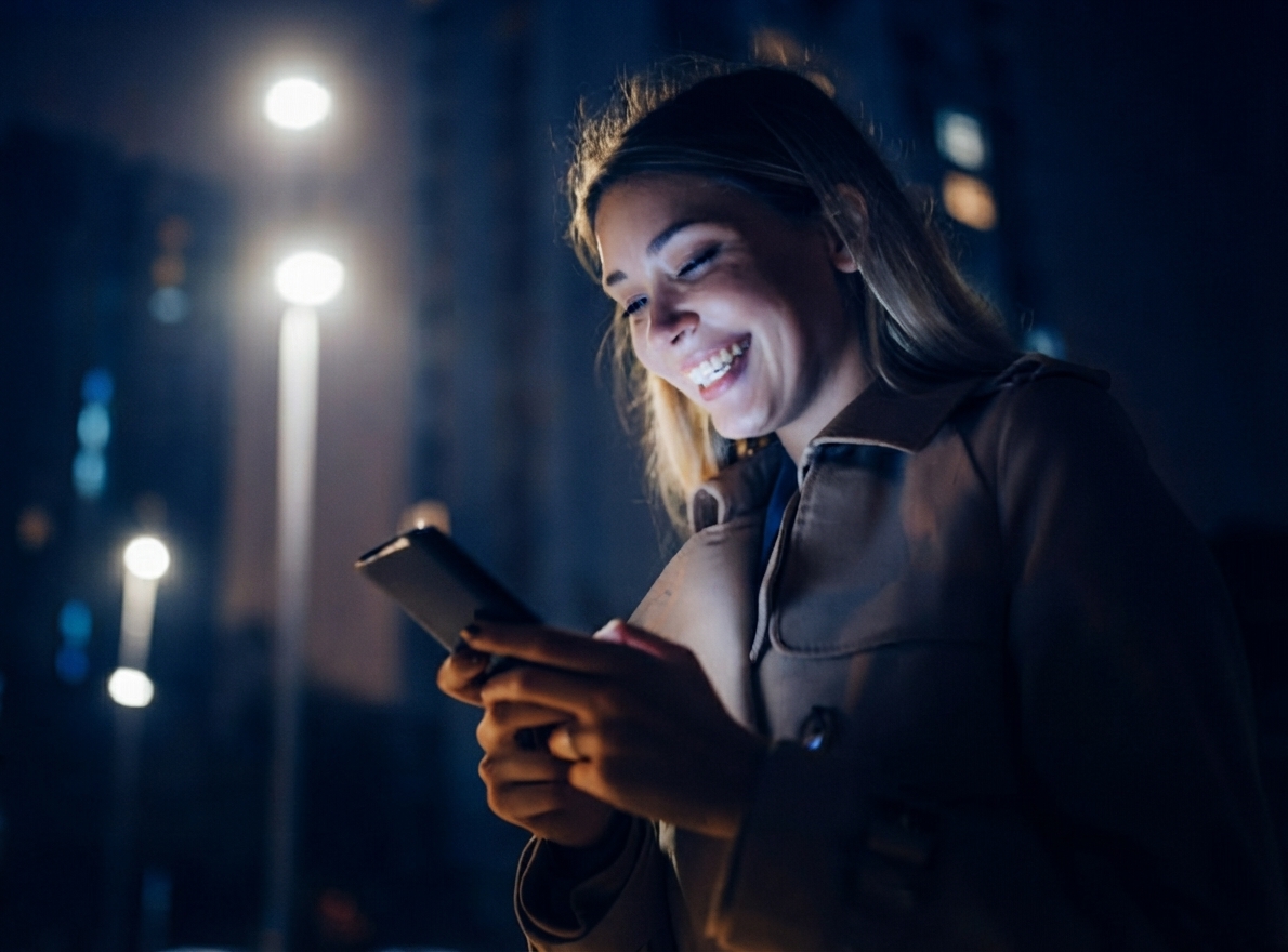 Mulher sorrindo ao usar o aplicativo Club'n em um ambiente urbano noturno
